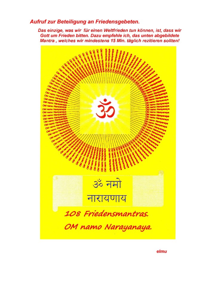 Aufruf zur Beteiligung an Weltfriedens-gebeten 